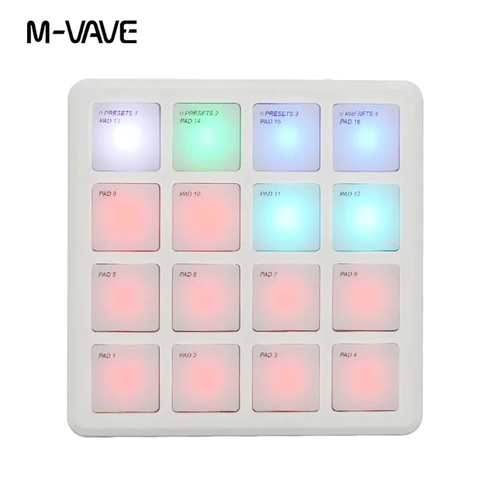 White m-vave smc-pad pocket pad portable wireless midi controller with 16 illuminated colorful percussion pads