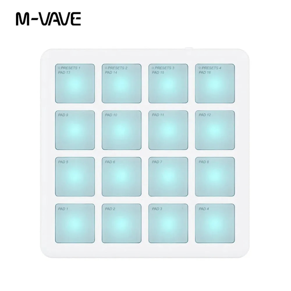 White m-vave smc-pad pocket pad portable wireless midi controller with 16 illuminated light blue square pads for dj use