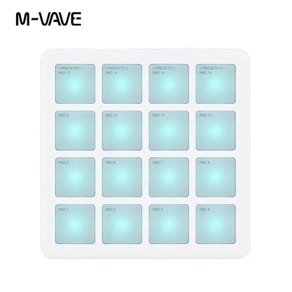 White m-vave smc-pad pocket pad portable wireless midi controller with 16 illuminated light blue square pads for dj use