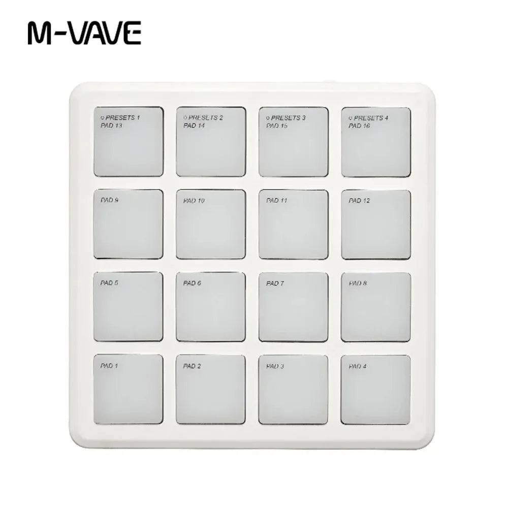 White m-vave smc-pad pocket pad portable wireless midi controller with 16 labeled square pads for music arranging