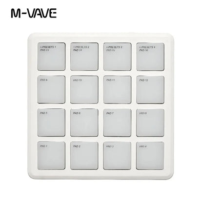 White m-vave smc-pad pocket pad portable wireless midi controller with 16 labeled square pads for music arranging