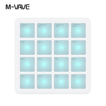 White m-vave smc-pad pocket pad portable wireless midi controller with 16 illuminated light-blue pads for percussion and dj use