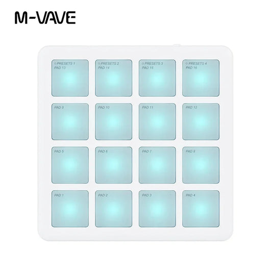 White m-vave portable wireless midi controller with 16 illuminated light-blue pads for percussion dj music arranger keyboard