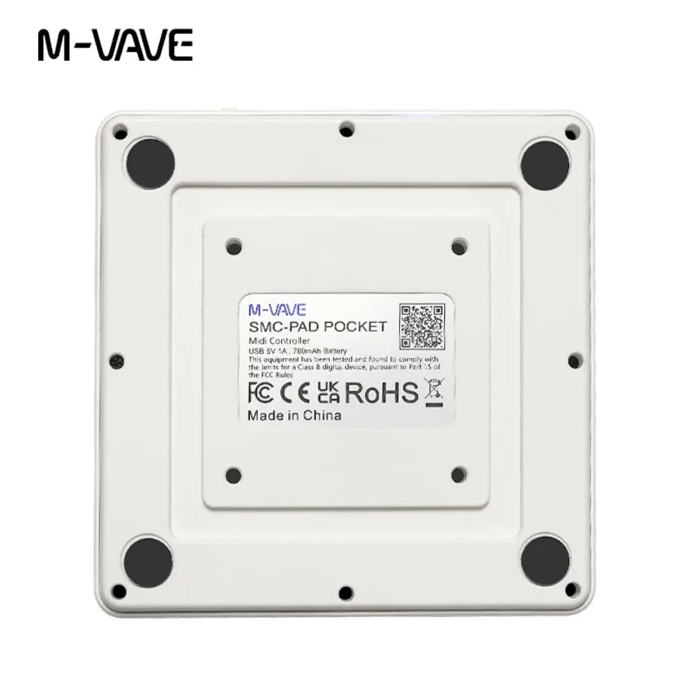 White rectangular m-vave smc-pad pocket wireless midi controller with 16 pads and black mounting holes at each corner