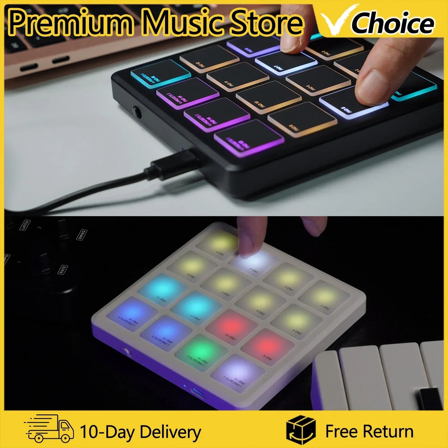 Black and white m-vave smc-pad portable wireless midi controller with 16 colorful backlit pads suitable percussion use