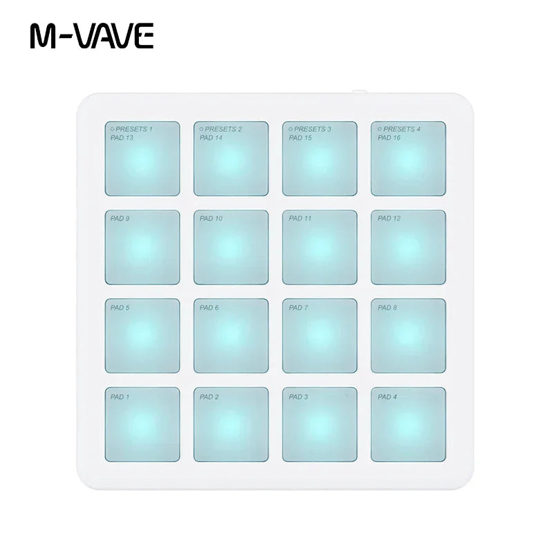 White m-vave smc pad pocket wireless midi controller with 16 illuminated light-blue pads portable usb-c interface