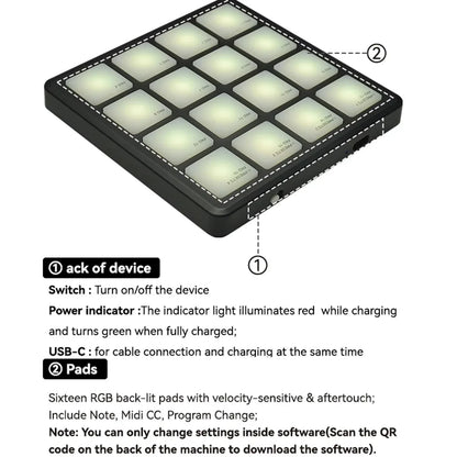 Black m-vave smc-pad pocket wireless midi pad controller with 16 illuminated rgb pads and usb-c charging port