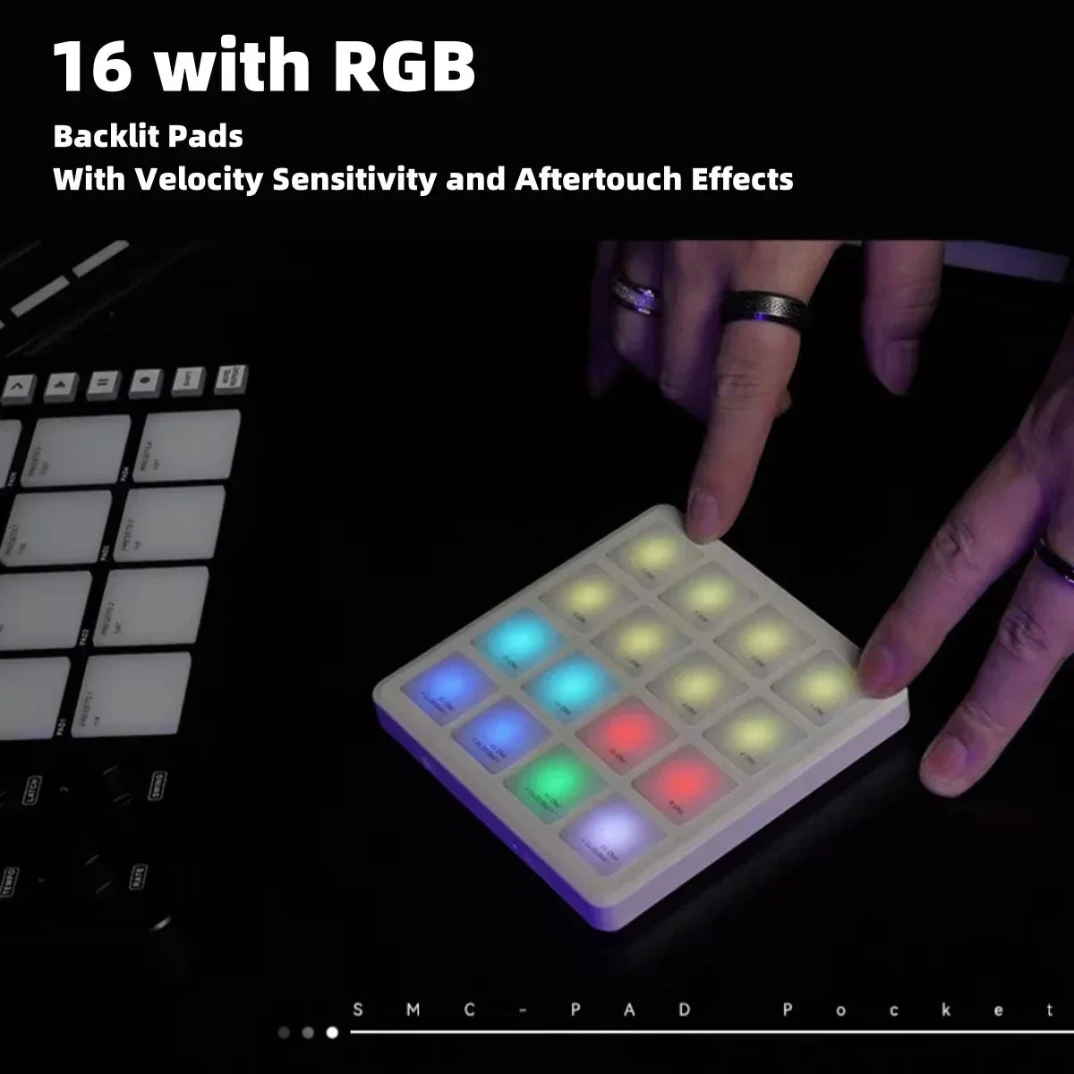 A sleek white m-vave smc-pad pocket wireless midi pad controller with 16 rgb pads bluetooth for portable music production