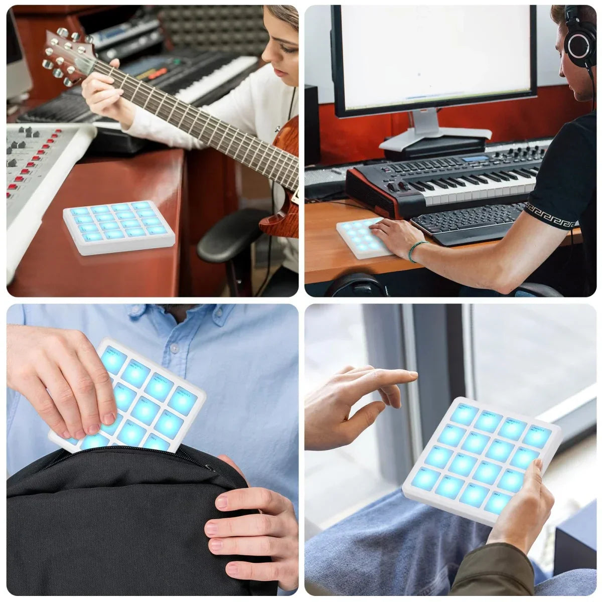 White rectangular m-vave smc-pad pocket wireless midi pad with 16 glowing rgb pads bluetooth for music production