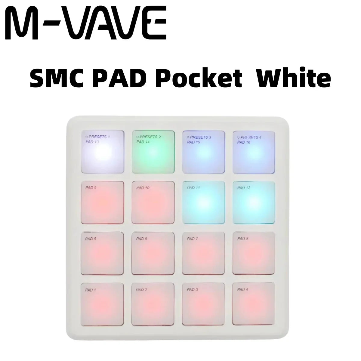 White m-vave smc-pad pocket wireless midi pad with 16 rgb pads bluetooth in a 4x4 illuminated grid for music production
