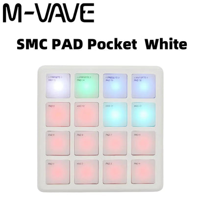 White m-vave smc-pad pocket wireless midi pad with 16 rgb pads bluetooth in a 4x4 illuminated grid for music production