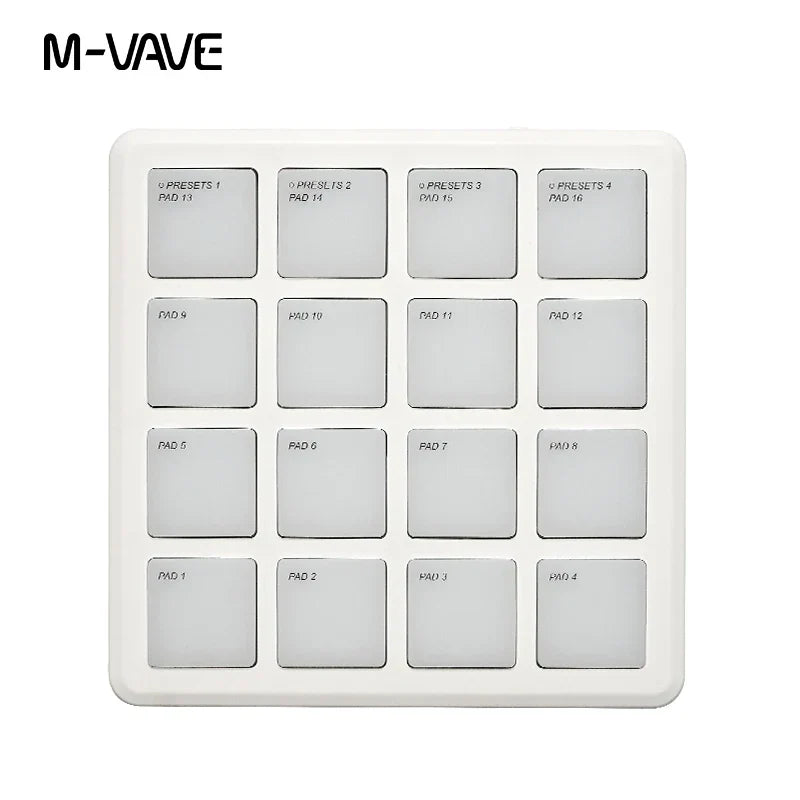 White m-vave midi controller portable with 16 preset labeled pads suitable percussion and usb-c wireless interface