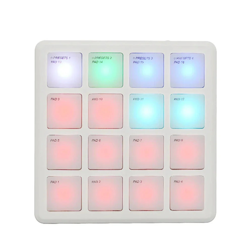 White square midi controller portable with 16 backlit pads in green blue and pink for pads suitable percussion use