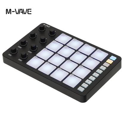 Black m-vave smc-pad wireless 16-pad midi controller with illuminated white pads and black knobs for performers