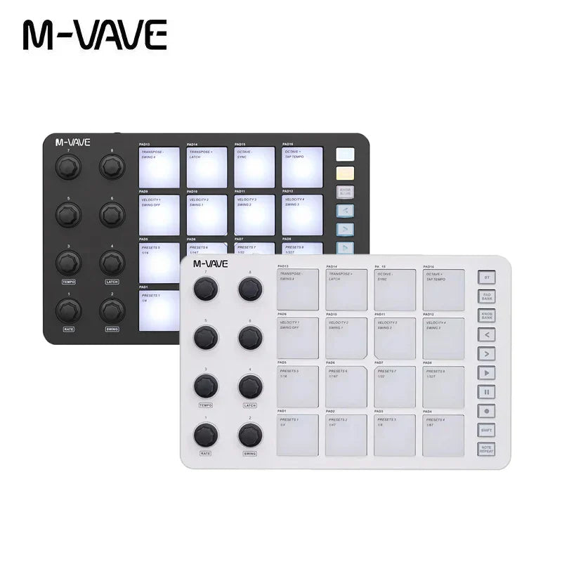M-vave smc-pad wireless launchpad 16-pad midi controller in black and white with illuminated labeled square buttons
