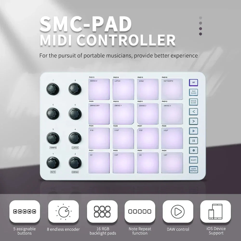 White m-vave smc-pad wireless launchpad with 16 rgb backlit pads and black rotary knobs compact midi controller
