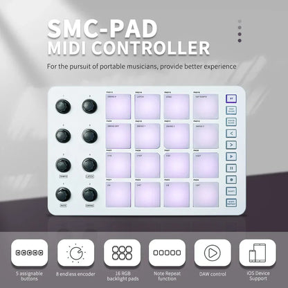 White m-vave smc-pad wireless launchpad with 16 rgb backlit pads and black rotary knobs compact midi controller