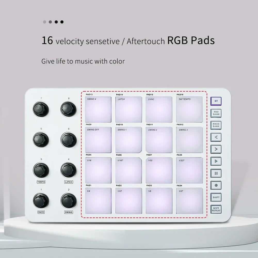 White rectangular m-vave smc-pad wireless launchpad with 16 velocity-sensitive rgb pads and black rotary knobs on left side
