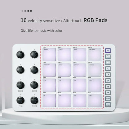 White rectangular m-vave smc-pad wireless launchpad with 16 velocity-sensitive rgb pads and black rotary knobs on left side