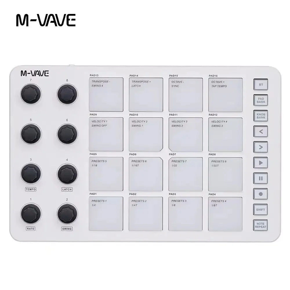White m-vave smc-pad wireless 16-pad midi controller with black knobs and labeled pads for music production use