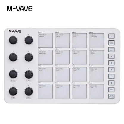 White m-vave smc-pad wireless 16-pad midi controller with black knobs and labeled pads for music production use