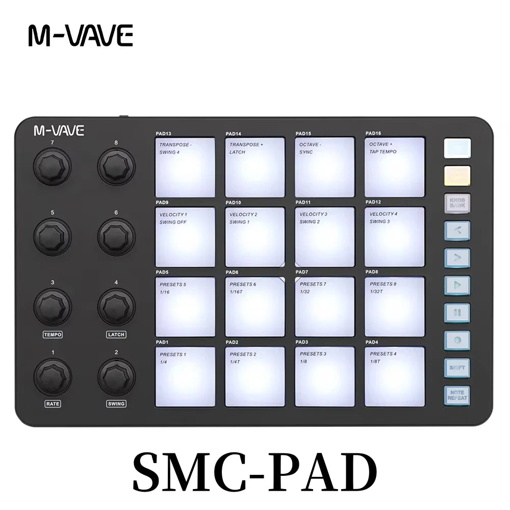 Black m-vave smc-pad wireless midi controller with illuminated white pads and black knobs features portable design small size