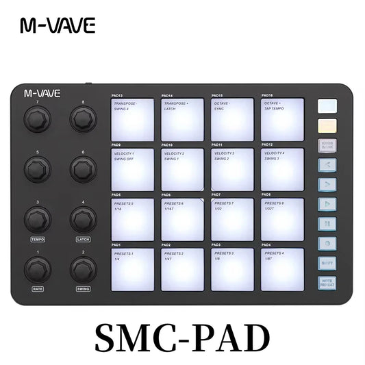 Black m-vave smc-pad wireless midi controller with illuminated white pads and black knobs features portable design small size