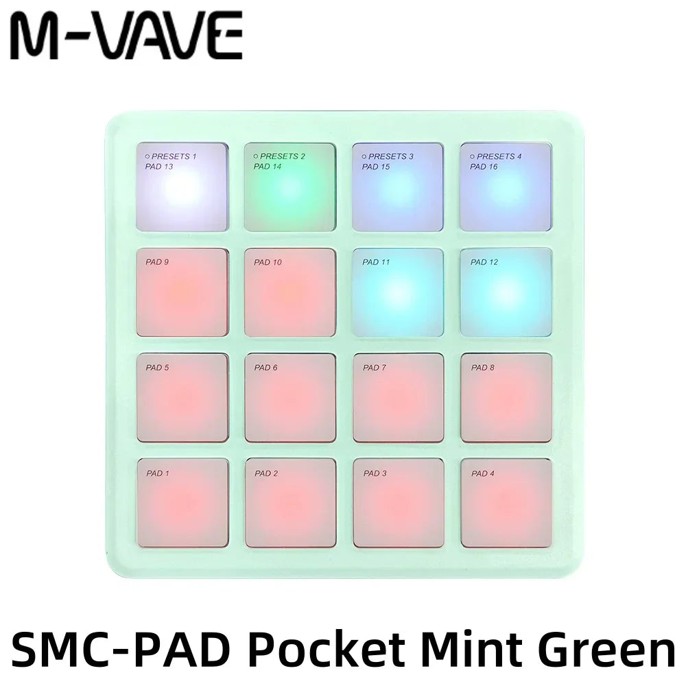 M-vave smc-pad wireless midi controller with 16 illuminated pads in mint green compact design suitable percussion use