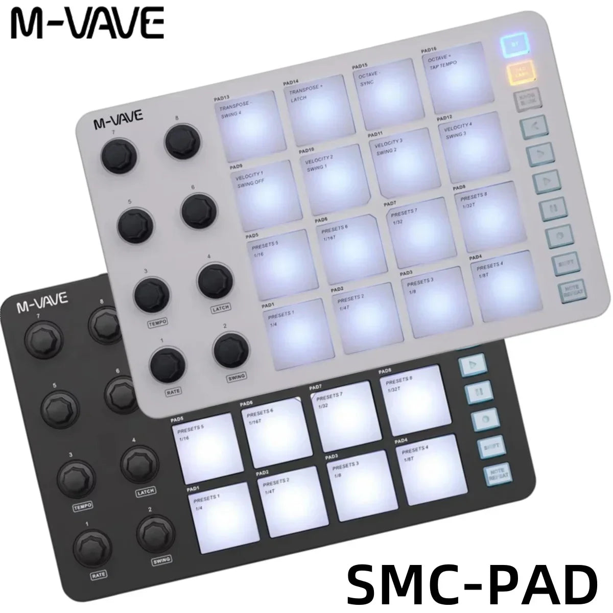 The m-vave smc-pad is a wireless midi controller with illuminated pads in silver and black for portable design small percussion use