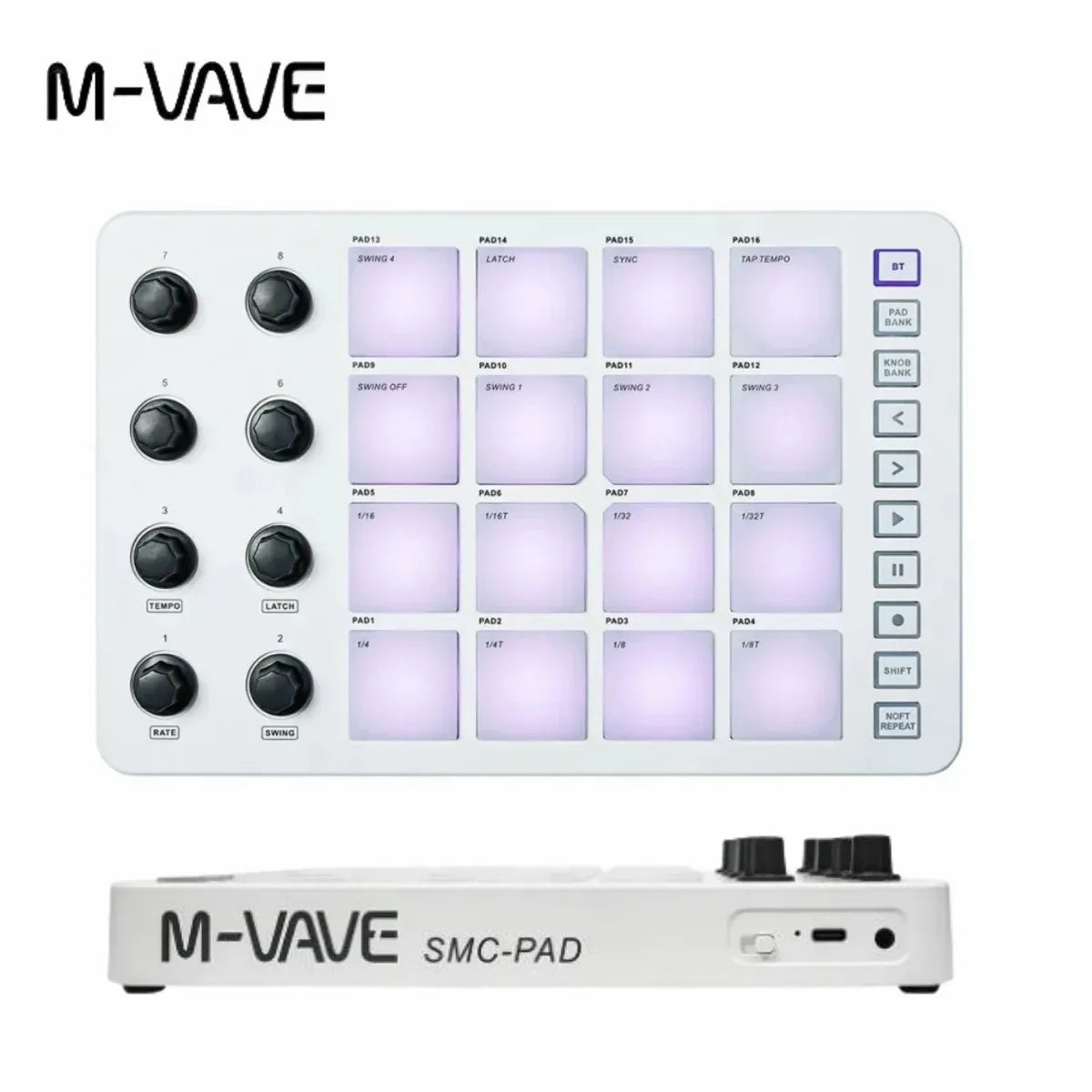 White m-vave smc-pad wireless midi controller with black knobs and illuminated pads in a portable design small percussion controller suitable for usb-c interface