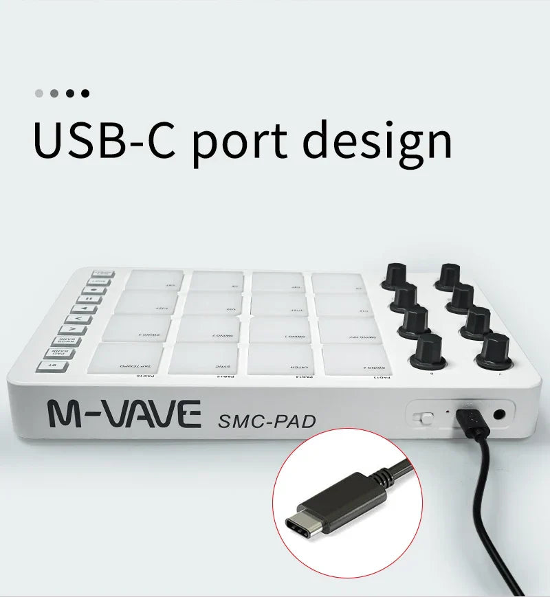White m-vave smc-pad wireless midi controller with black knobs usb-c port portable design small controller suitable percussion