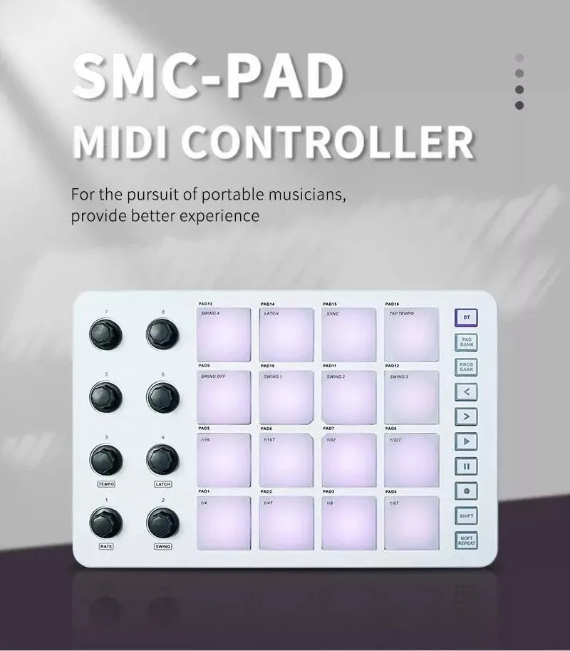 White smc-pad wireless midi controller with black knobs and illuminated pads featuring a portable design small form factor