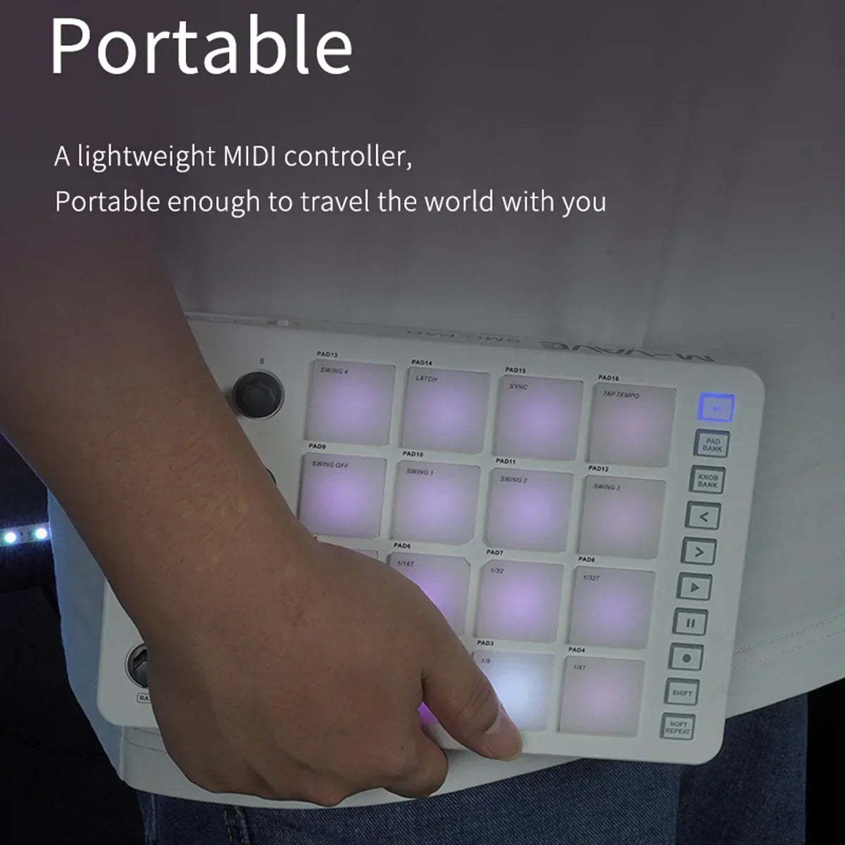 White portable design small wireless midi controller with illuminated purple pads and black control buttons suitable percussion