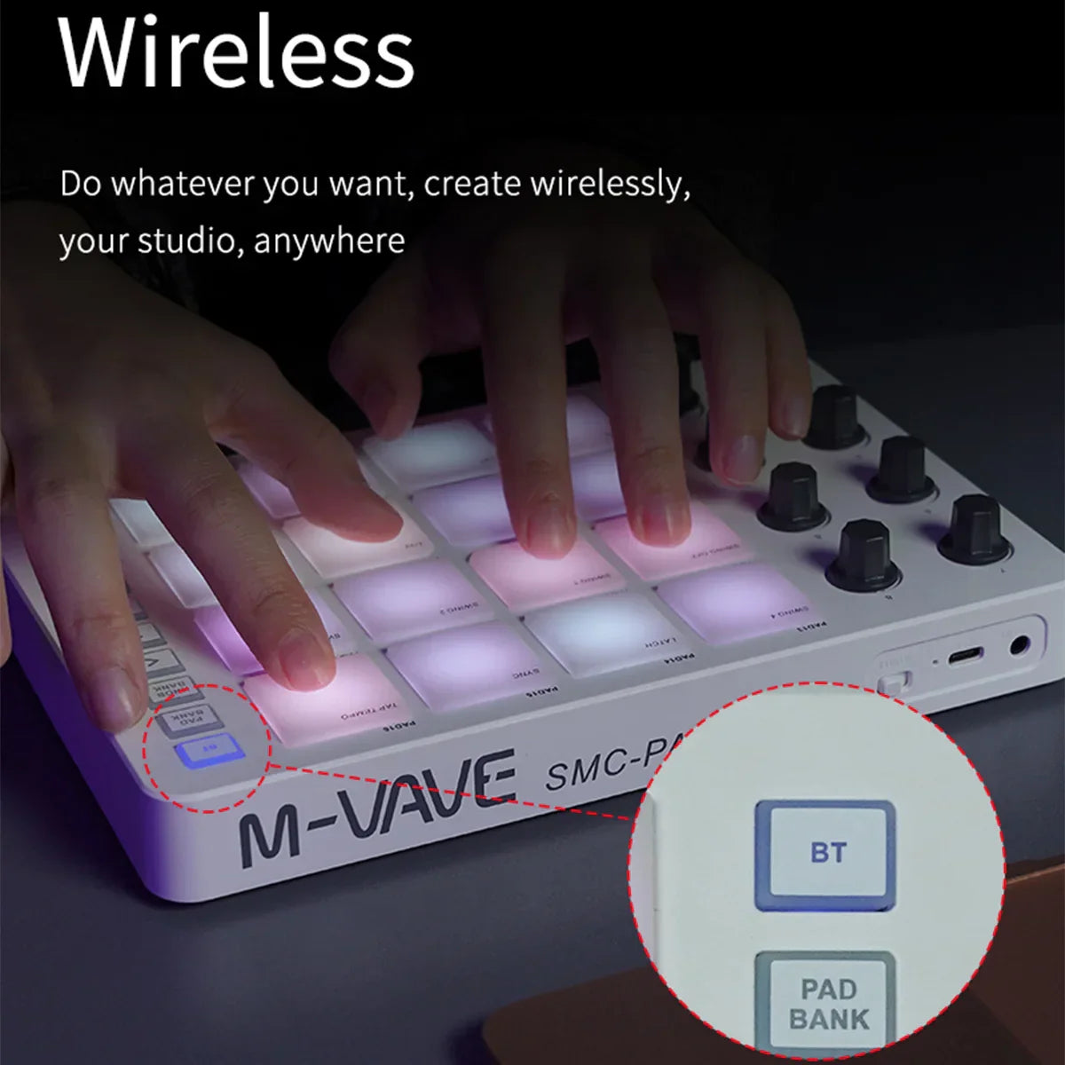 White m-vave smc-p4 wireless midi controller with illuminated pads and black knobs featuring portable design small size