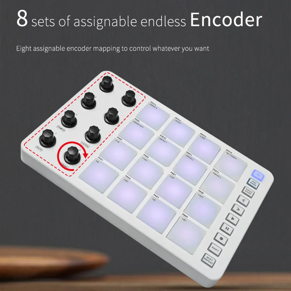 White rectangular wireless midi controller with eight black rotary encoders and sixteen illuminated pads portable design small