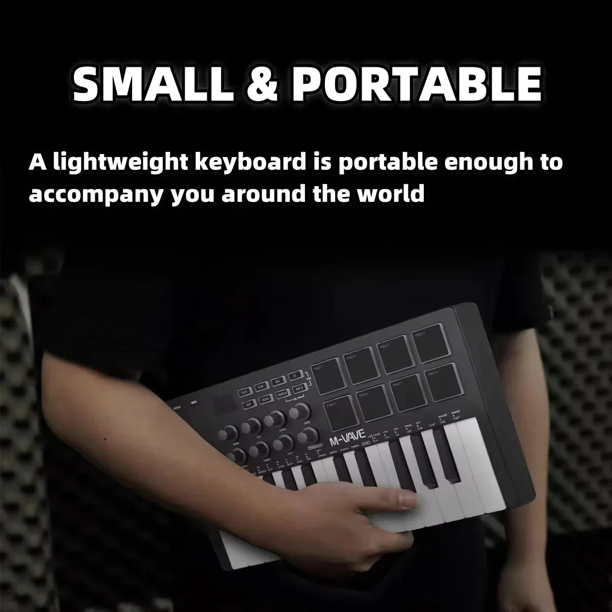 Black midi drum pad controller with 25 keys 16 rgb drum pads 8 knobs and music production software included