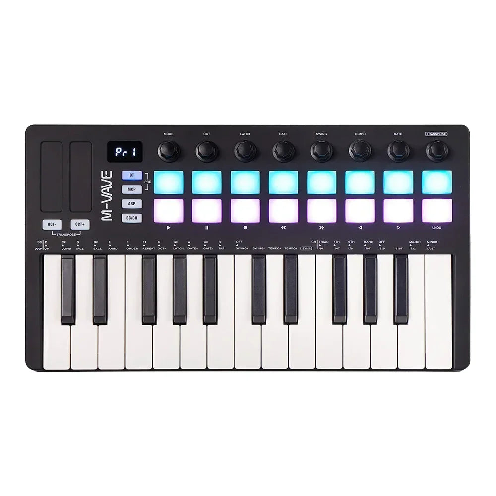 Black m-audio m-vave smk-25 ii midi controller keyboard mini with 25 keys blue and white rgb drum pads and 8 knobs
