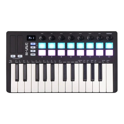 Black m-audio m-vave smk-25 ii midi controller keyboard mini with 25 keys blue and white rgb drum pads and 8 knobs