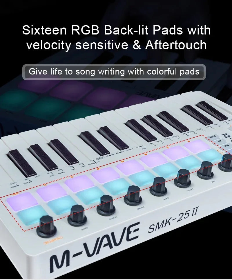 White m-vave smk-25 ii midi controller keyboard with 25 black velocity-sensitive keys, 16 rgb drum pads, and 8 knobs midi controller