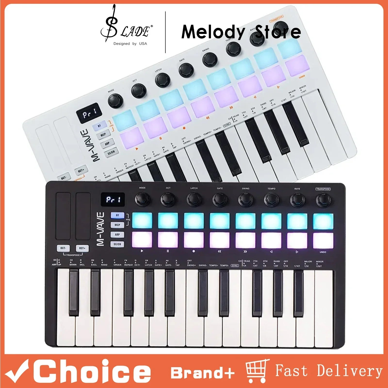 White and black m-audio m-vave smk-25 ii midi controller keyboard mini with rgb drum pads and 8 knobs for music production