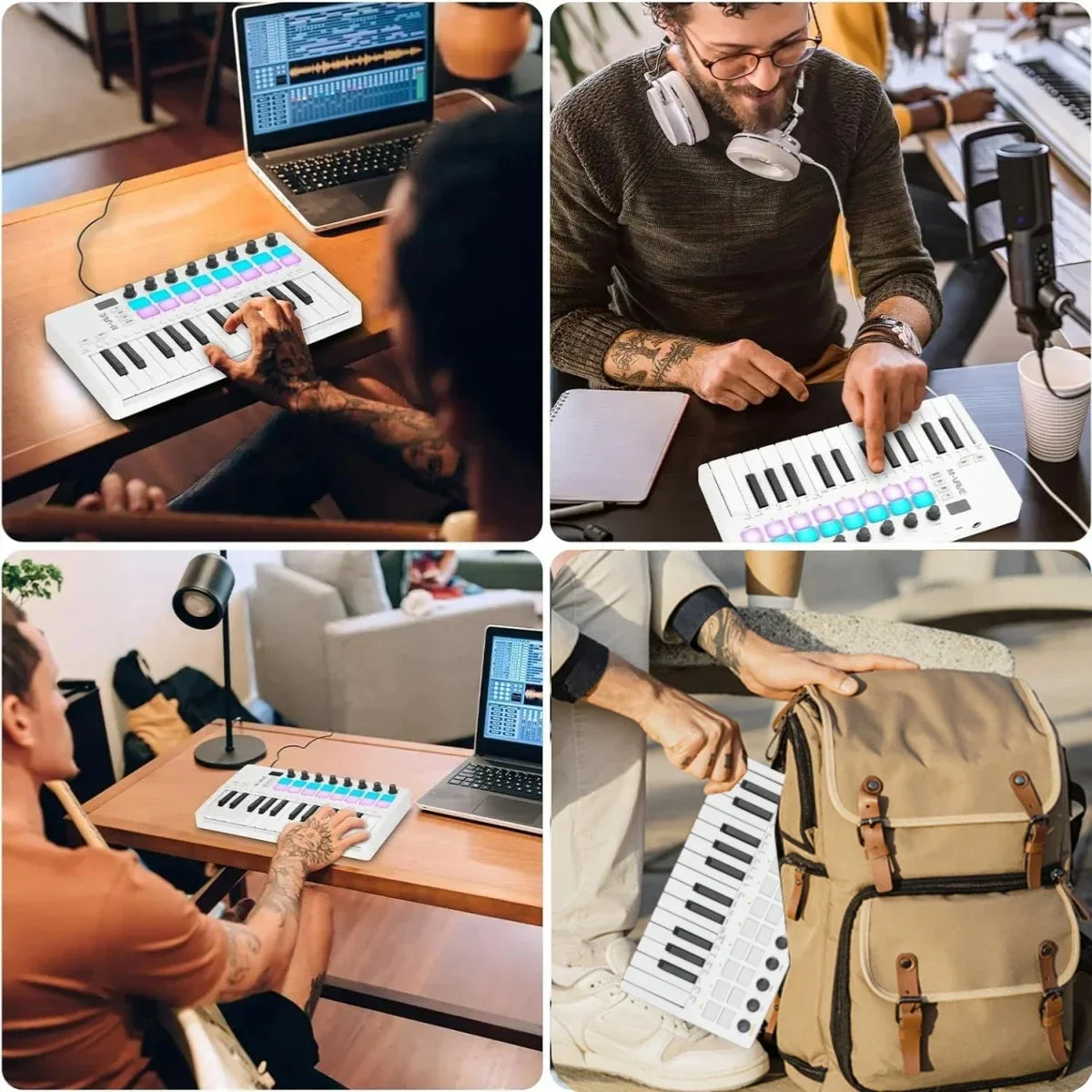 White compact midi controller keyboard mini with rgb drum pads and black keys for portable music production