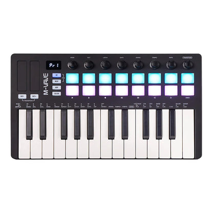 Black m-audio M-VAVE SMK-25 II 25 key midi controller keyboard with 16 RGB pads and 8 knobs for music production