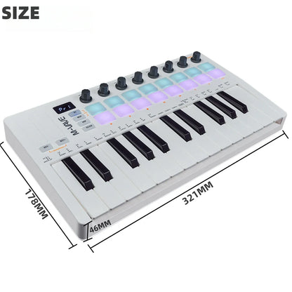 White m-audio minikey 25 key midi controller with black keys and blue purple rgb pads for music production use