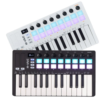 White and black m-audio m-vave smk-25 ii 25 key midi controller keyboard with 16 rgb drum pads and 8 knobs
