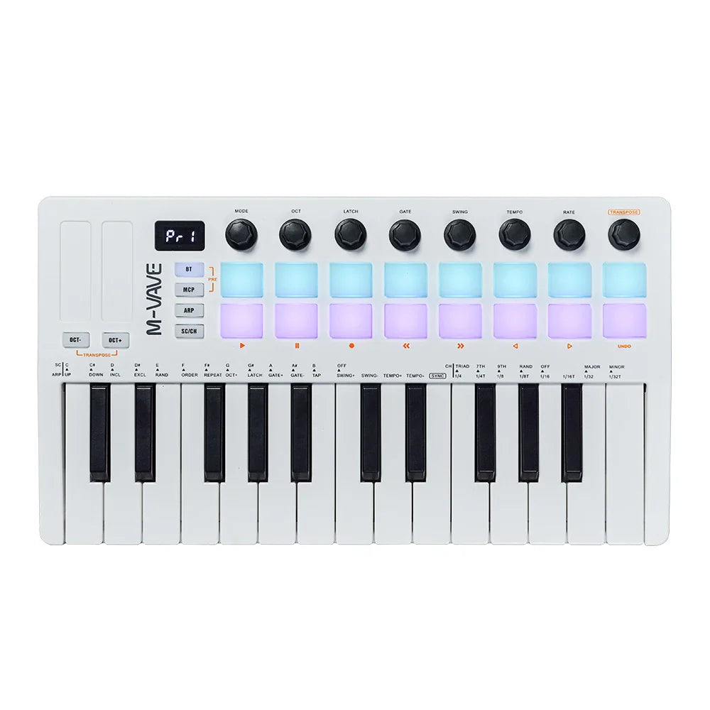 White m-audio m-vave midi controller keyboard with black keys and illuminated blue-purple pads for music production