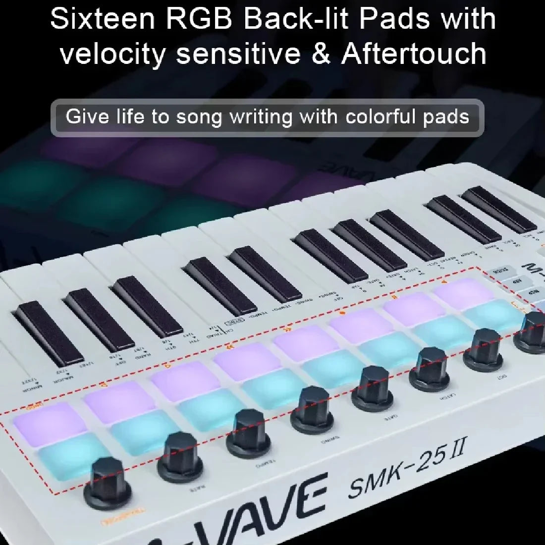 White m-vave smk-25 midi controller keyboard with 25 semi-weighted velocity-sensitive keys and 16 rgb backlit pads