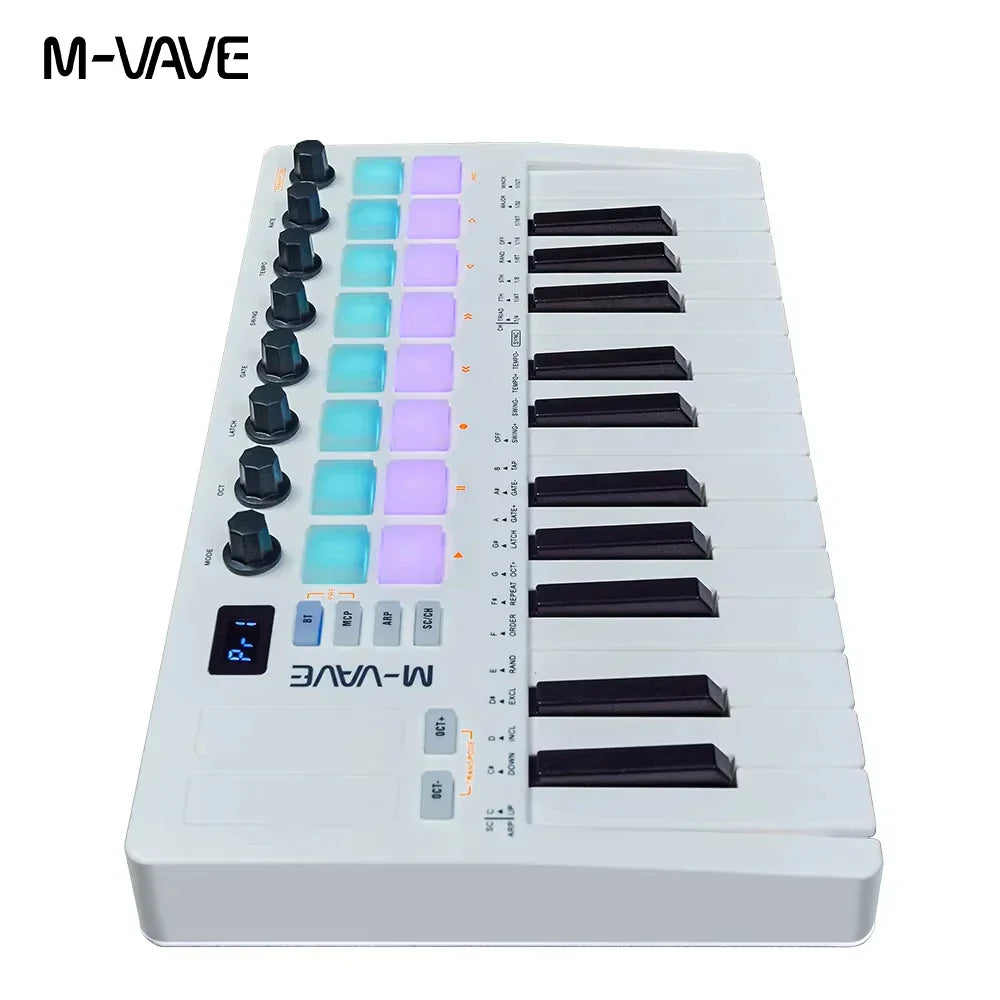 White m-vave smk-25 midi controller with 25 semi-weighted velocity-sensitive keys and illuminated blue-purple rgb pads