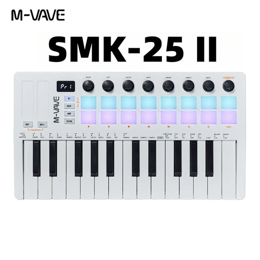 White m-vave smk-25 ii midi keyboard controller with 25 mini keys and rgb drum pads illuminated in blue and purple