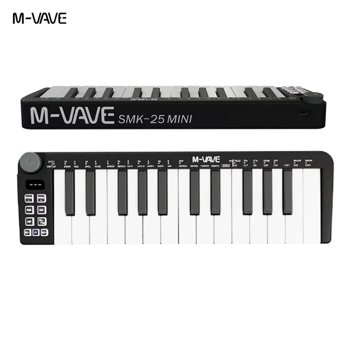 Black m-vave smk-25 ii midi pad controller keyboard with 25 keys, 16 rgb drum pads, and 8 control knobs for music production