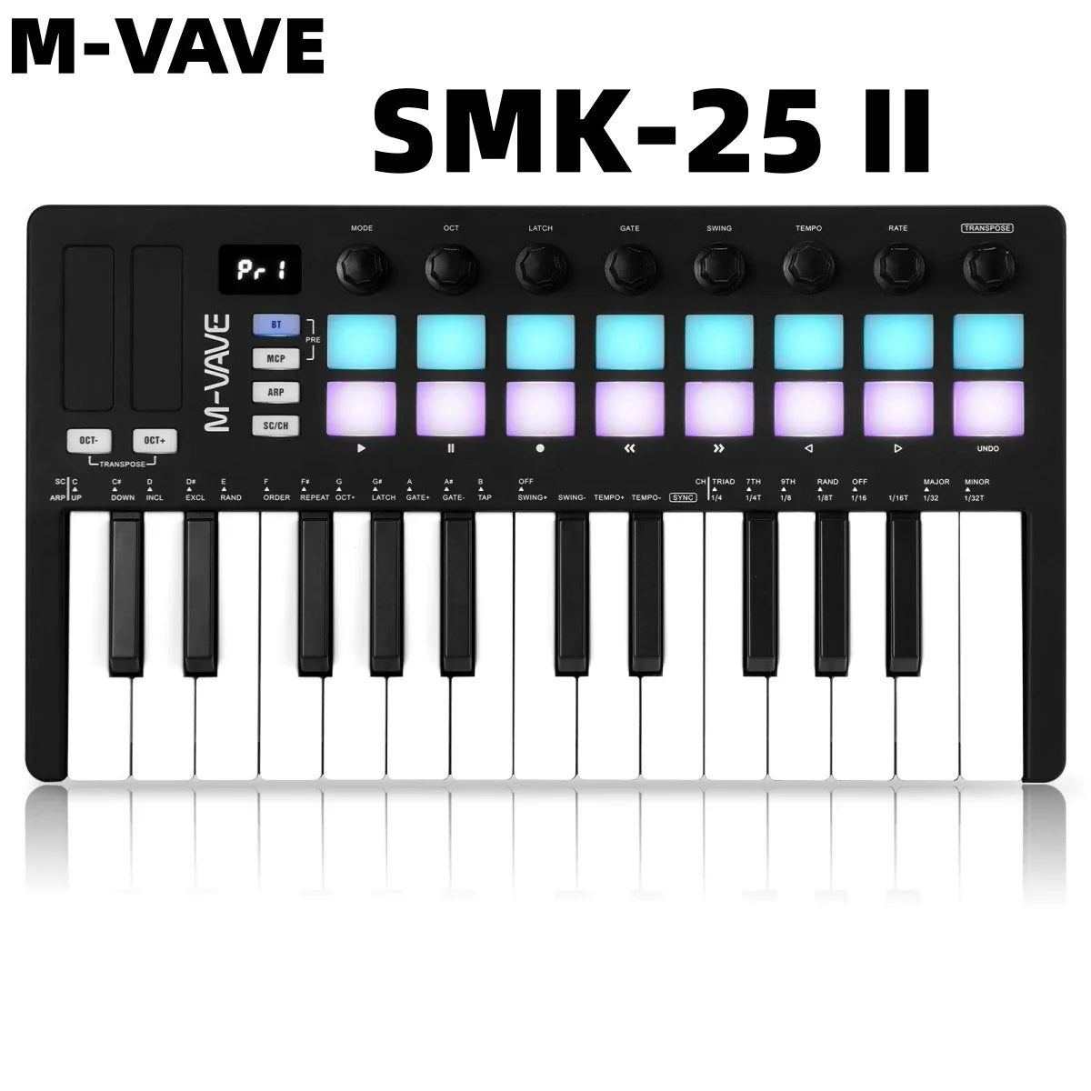 Black m-vave smk-25 ii midi pad controller keyboard with 25 keys, illuminated blue and purple rgb pads, matte finish
